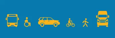 A bus, person in a wheelchair, car, cyclist, pedestrian and truck