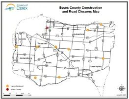 A map of Essex County showing the locations of road construction and closures for the June 20, 2025, update