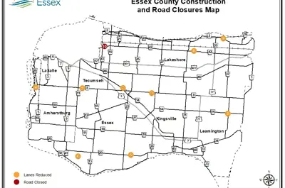 A map of Essex County showing the locations of road construction and closures for the June 20, 2025, update