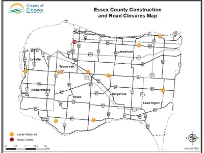 A map of Essex County showing the locations of road construction and closures for the June 20, 2025, update