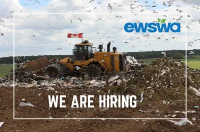 We are hiring. A machine moving waste at the EWSWA regional landfill. The EWSWA logo.