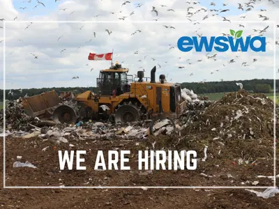 We are hiring. A machine moving waste at the EWSWA regional landfill. The EWSWA logo.