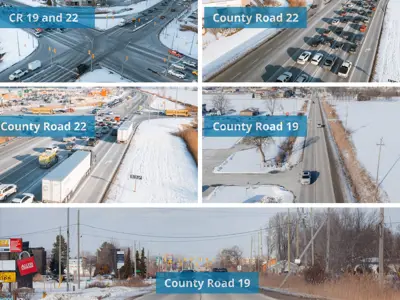 Aerial views of traffic at the intersection of County Road 19 and County Road 22.