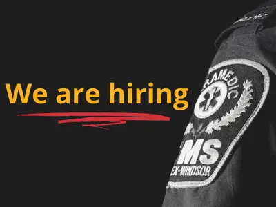 We are hiring. An Essex-Windsor EMS paramedic' shoulder patch.