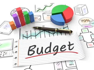 The words Budget with a pen and graphs and numbers.