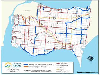 A map of Essex County showing county roads with load restrictions in March 2025.