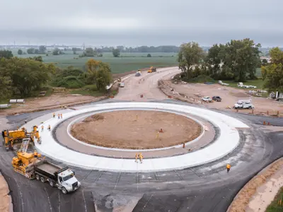 An aerial view of the County Road 42 roundabout under construction in August 2024.