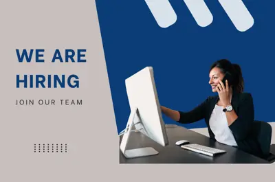 We are hiring. Join our team. An office worker on the phone at a computer.