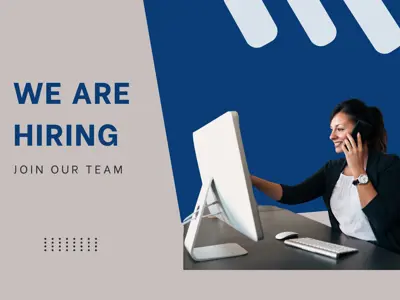 We are hiring. Join our team. An office worker on the phone at a computer.