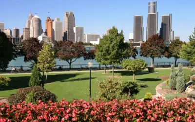 Dieppe Gardens in Windsor with the Detroit Skyline in the background.
