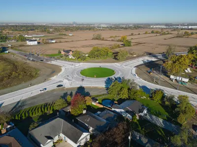 An aerial view of the roundabout at the intersections of County Road 42 and County Road 43.