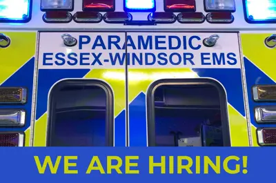 We are hiring! The back of an Essex-Windsor EMS ambulance.