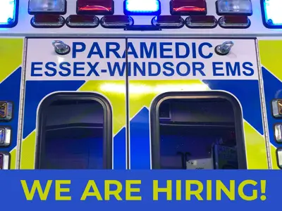 We are hiring! The back of an Essex-Windsor EMS ambulance.