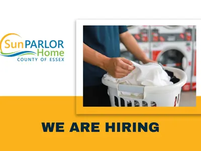 The Sun Parlor Home logo. Join our team. A laundry aide folding dried sheets into a basket.