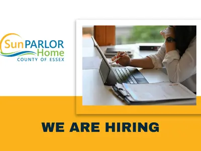 The Sun Parlor Home logo. An administrative assistant at work. We are hiring!