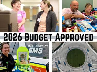 A composite image showing a roundabout, a Paramedic, SPH employees and library and social services employees witht the words 2026 Budget Approved.