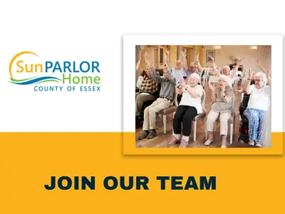 Sun Parlor Home logo. Join our team. Seniors raising their arms in a life enrichment exercise.