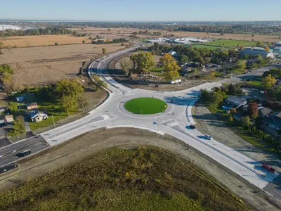 An aerial view of the roundabout at the intersection of County Road 42 and County Road 43