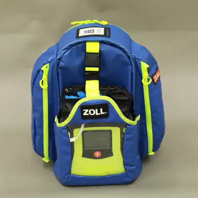 An AED in a backpack with the Essex-Windsor EMS logo.