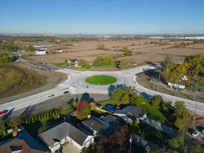 An aerial view of the roundabout at the intersection of County Road 42 and County Road 43