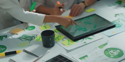 Two people with documents and a computer making green energy plans