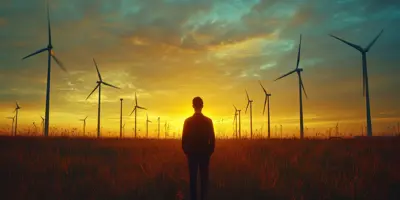 A man looking a wind turbines as the sun sets