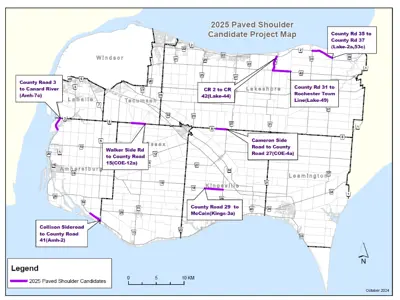 A map of Essex County showing the locations of planned paved shoulder projects