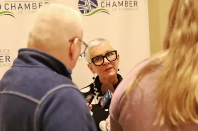 Warden Hilda MacDonald speaks to the media following the 2025 Warden's Luncheon.