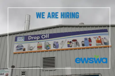 We are hiring. A building and sign at the EWSWA waste diversion site in Windsor. The EWSWA logo.