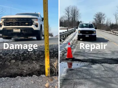 A County of Essex road damaged by freezing before and after a repair.