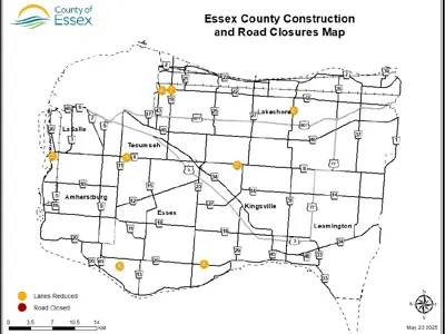 A map showing road closures and lane restrictions in Essex County on May 23, 2025.