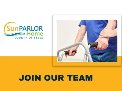 Sun Parlor Home logo. Join our team. Two hands holding a walker and another hand assisting.