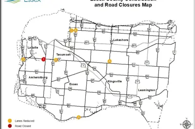 A map showing road closures and lane restrictions in Essex County on May 2, 2025.
