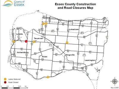 A map showing road closures and lane restrictions in Essex County on May 2, 2025.