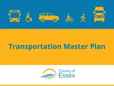 Transportation icons against a blue background with the County of Essex logo and the words Transportation Master Plan