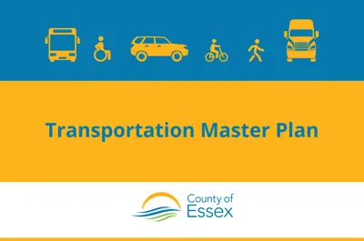 Transportation icons against a blue background with the County of Essex logo and the words Transportation Master Plan