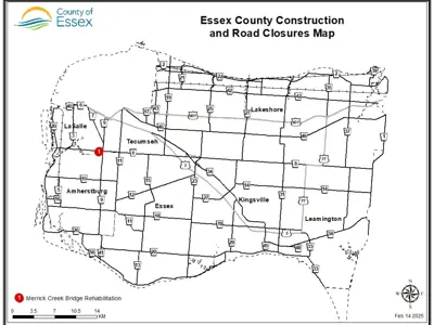 A map of Essex County showing the location of the Merrick Creek Bridge, where County Road 8 will be closed for construction on the bridge.