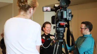 Paramedic Dawn Hodges speaks to the media at Survivor Day.