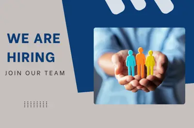 The words WE ARE HIRING JOIN OUR TEAM with a picture of person icons of different colours in caring hands.