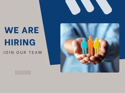 The words WE ARE HIRING JOIN OUR TEAM with a picture of person icons of different colours in caring hands.