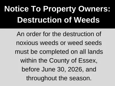 A black and white graphic advising property owners that that an order for the destruction of noxious weeds or weed seeds must be completed on all lands within the County of Essex, before June 30, 2026 and throughout the season. Failure to comply with the order may result in the Municipality entering upon the said lands and cause to have the weeds destroyed, charging the costs against the land, as set out in the Act.