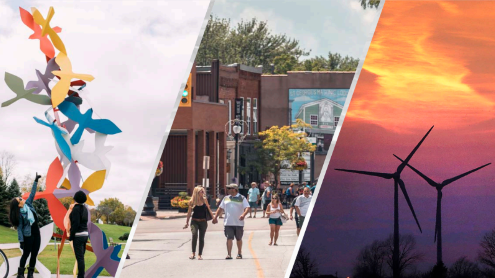 A composite image showing wind farms against a setting sun, people walking down a street and people checking out a colourful bird sculpture. 