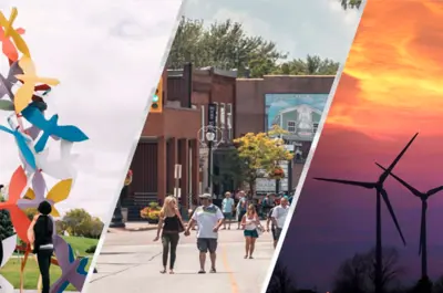 A composite image showing wind farms against a setting sun, people walking down a street and people checking out a colourful bird sculpture. 