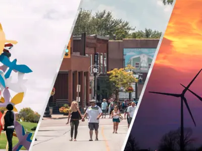 A composite image showing wind farms against a setting sun, people walking down a street and people checking out a colourful bird sculpture.