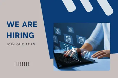 We are hiring. Join our team. Hands on a keyboard and digital images above them.