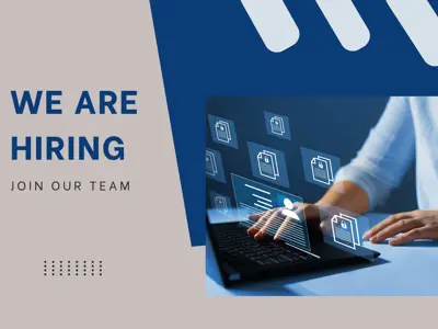 We are hiring. Join our team. Hands on a keyboard and digital images above them.