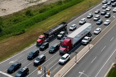 An aerial view of traffic congestion at the intersection of County Road 22 and County Road 19.