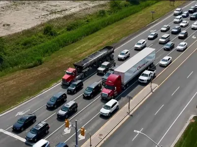 An aerial view of traffic congestion at the intersection of County Road 22 and County Road 19.