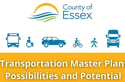 The County of Essex log and transportation icons including a bus, wheelchair, car, cyclist, pedestrian and truck and the words Transportation Master Plan: Possibilities and Potential