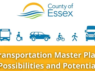 The County of Essex log and transportation icons including a bus, wheelchair, car, cyclist, pedestrian and truck and the words Transportation Master Plan: Possibilities and Potential